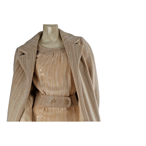 CHANEL 01A Fall 01 Beige 2 Piece Sleeveless Sequin Dress Maxi Tweed Coat Suit 38 - Picture 3 of 16